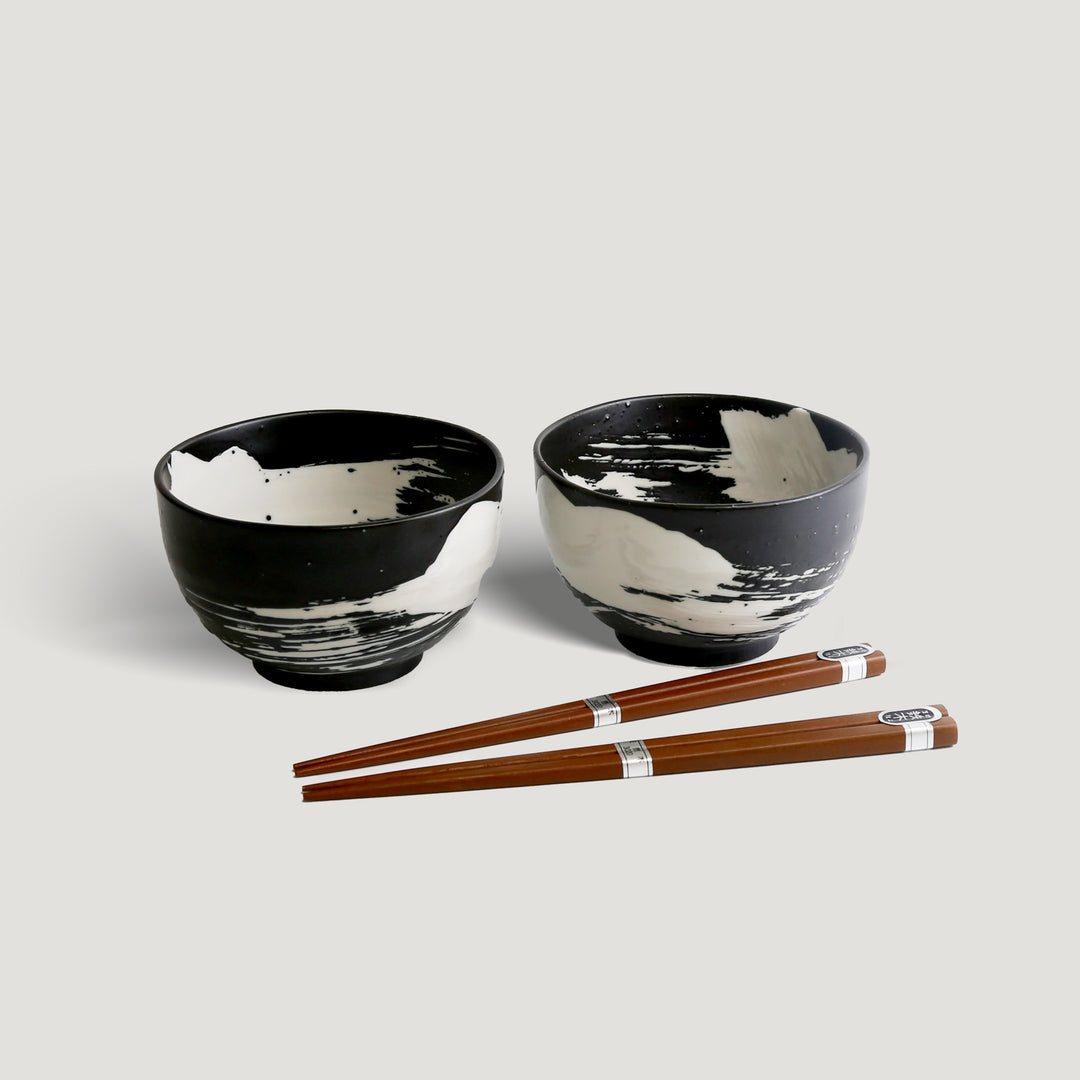 Brush Stroke Bowl Set Black with White