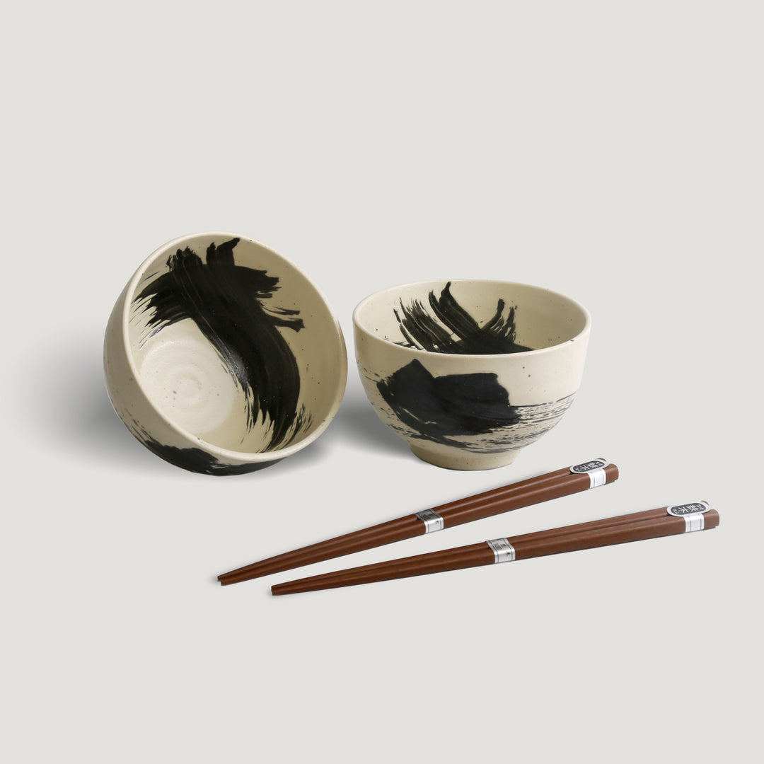 Japanese Ceramics | White with Black Brushstroke | 2 Bowl Set