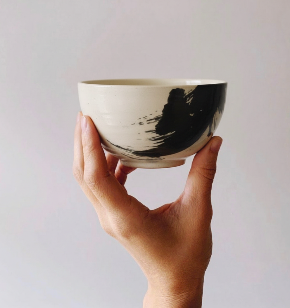Japanese Ceramics | White with Black Brushstroke | 2 Bowl Set