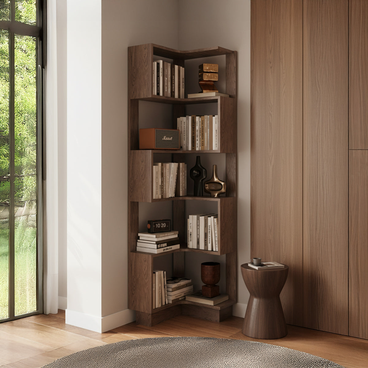 5 Tier Corner Walnut Bookshelf